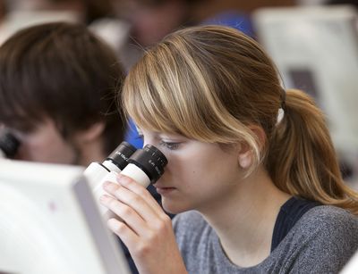Foto: Studentin beim Mikroskopieren